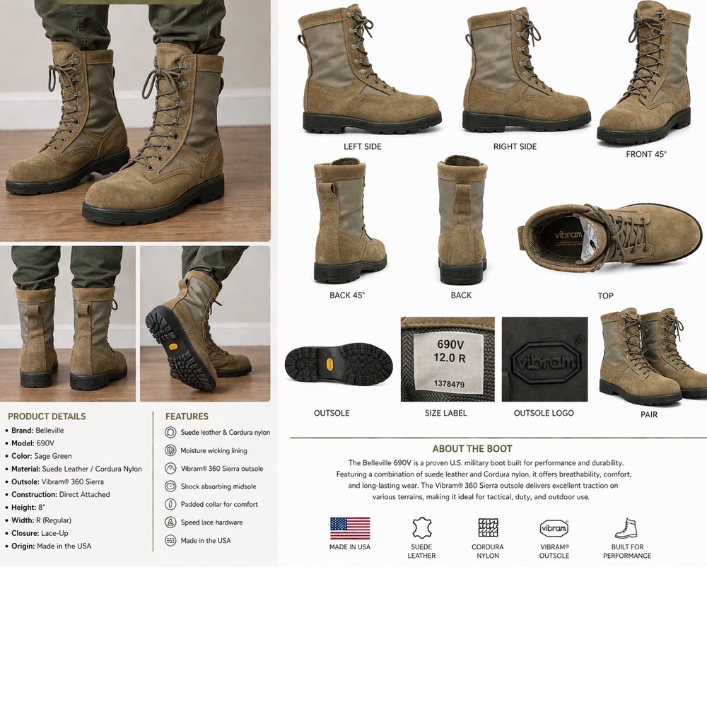 Belleville 690V Mens 12 R Sage Green Gore-Tex Waterproof Flight Boots Made USA
